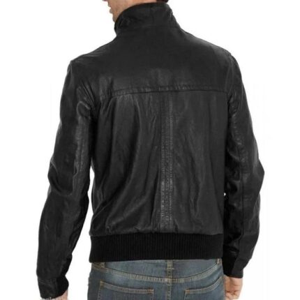 Sleek Black Leather Jacket Mens Fitted Bomber Jacket