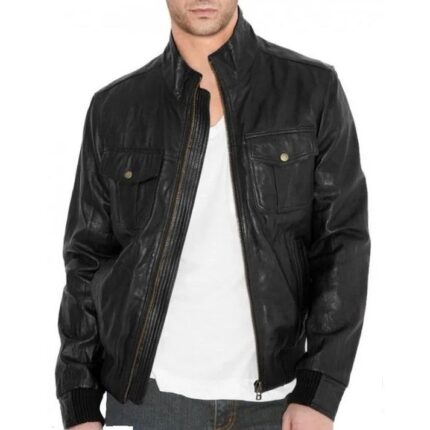 Sleek Black Leather Jacket Mens Fitted Bomber Jacket