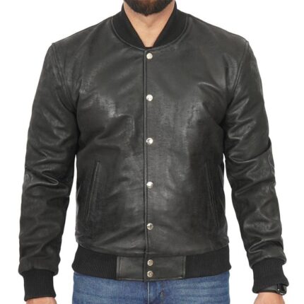 Premium Mens Black Letterman Bomber Jacket By Zay Leather