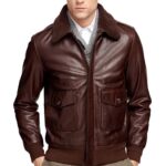 Genuine Mens Brown Leather Bomber Jacket with Fur Collar Detachable