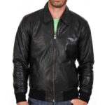 Lightweight Leather Jacket Mens Black Leather Bomber Jacket with Zipper