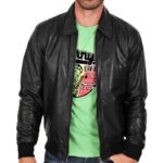Lightweight Leather Jacket Mens Black Leather Bomber Jacket with Zipper