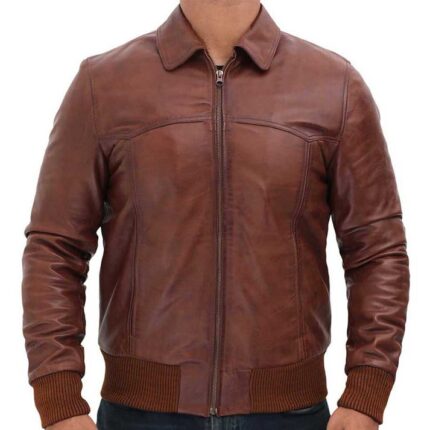 Men's Vintage Brown Leather Bomber Jacket By Zay Leather