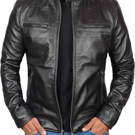 Genuine Black Leather Cafe Racer Jacket Mens - Biker Jacket Mens