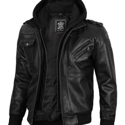 Genuine Mens Black Leather Jacket with Removable Hoodie Jacket