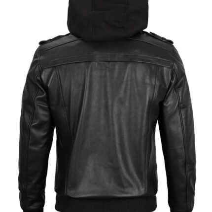 Genuine Mens Black Leather Jacket with Removable Hoodie Jacket