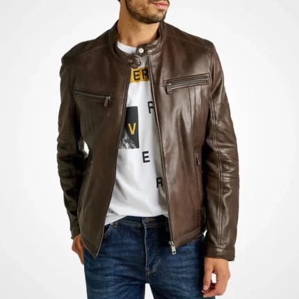 Men's Brown Leather Jacket - Slim Fit
