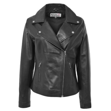 Black Leather Biker Jacket Women | Soft Cross Zip Ladies Jacket