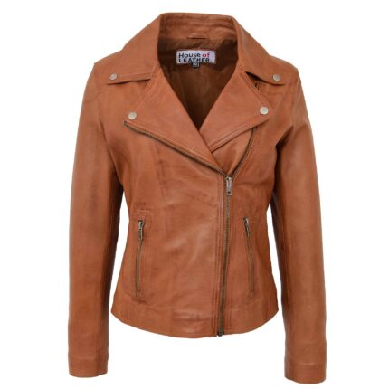 Tan Biker Jacket Women | Soft Leather Cross Zip Ladies Jacket