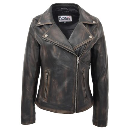 Black Vintage Biker Jacket | Women’s Cross Zip Leather Jacket