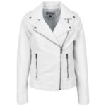 Women’s White Leather Jacket | Soft Cross Zip Biker Jacket