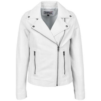 Women’s White Leather Jacket | Soft Cross Zip Biker Jacket