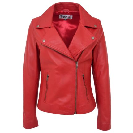 Women’s Red Leather Jacket | Soft Cross Zip Biker Jacket