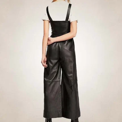 Black Wide-Leg Lambskin Ladies Leather Jumpsuit
