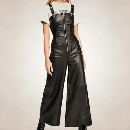 Black Wide-Leg Lambskin Ladies Leather Jumpsuit