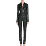 Designer Black Leather Jumpsuit for Women With Belted Waist
