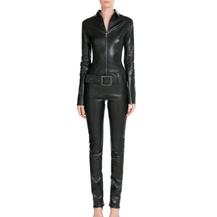 Designer Black Leather Jumpsuit for Women With Belted Waist