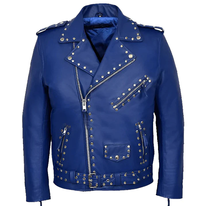 Mens-Studded-Blue-Leather-Biker-Jacket Men’s Studded Blue Biker Leather Jacket - Image 1