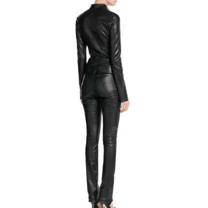 Designer Black Leather Jumpsuit for Women With Belted Waist