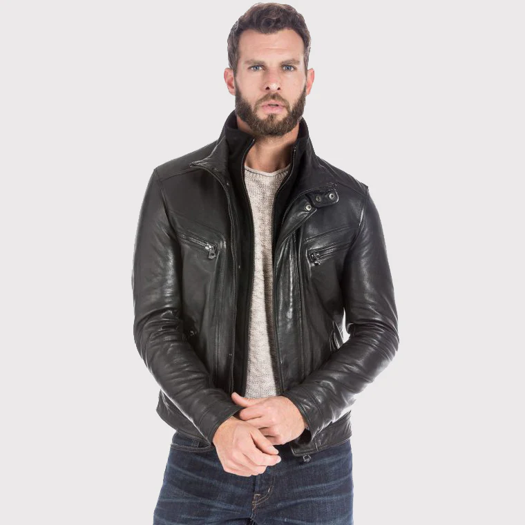 mens-black-lambskin-leather-sports-jacket Men’s Lambskin Leather Sports Jacket – Modern Fit - Image 1