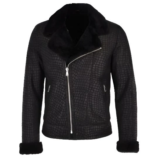 mens-crocodile-print-sheepskin-coat-black Men’s Black Croc-Embossed Sheepskin Coat - Image 1