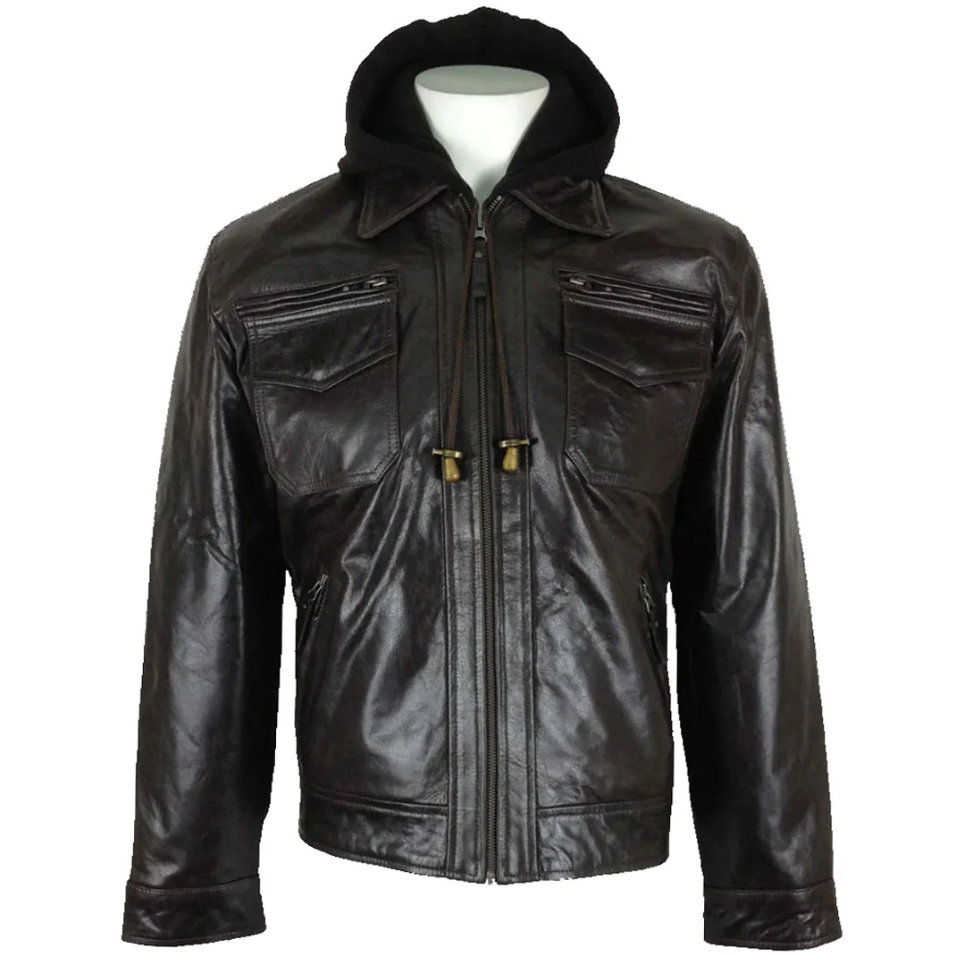 mens-fashion-brown-hooded-leather-jacket Classic Men’s Brown Leather Hooded Jacket - Image 1