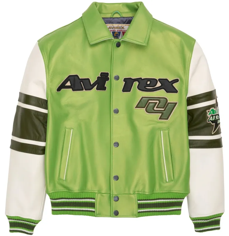 AVF201O16_STARS_AND_STRIPES_JACKET_SCREEMING_GREEN_344_FLAT_FRONT2017x2075_1749x1800-1 Avirex Men’s Stars & Stripes Leather Jacket - Image 1