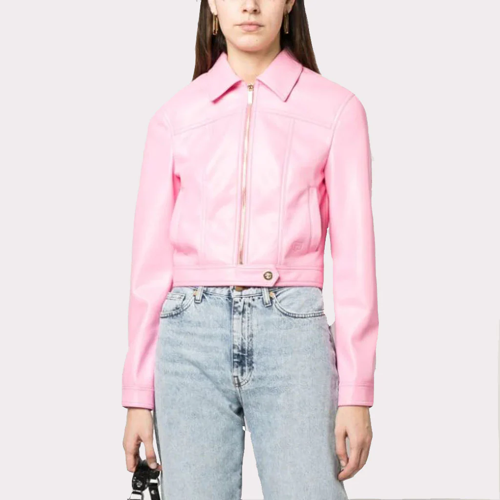 BabyPinkBarbieSummerLeatherJacketforWomen Baby Pink Barbie-Inspired Summer Leather Jacket for Women - Image 1