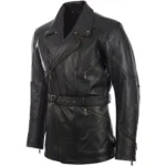 Men’s Black Leather Biker Coat with Belt - Image 3