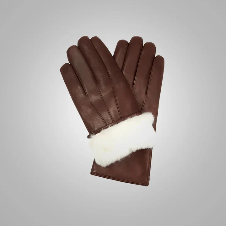 MensBrownLambskinLeatherGloveswithWhiteFurLining-2 Men’s Brown Lambskin Gloves with White Fur - Image 1