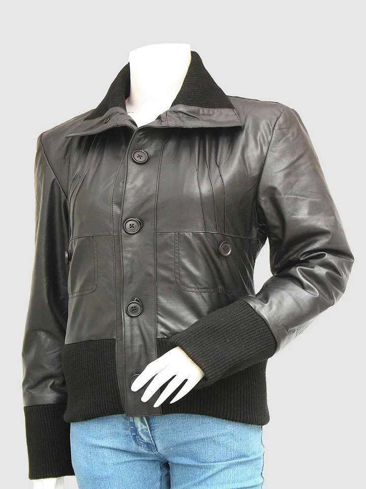 NewLookWomensBlackLeatherBomberJacket Women’s Trendy Black Leather Bomber Jacket - Image 1