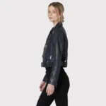 Trendy Women’s Blue Leather Biker Jacket - Image 2