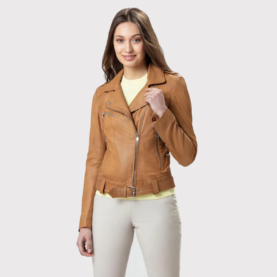 womens-beautiful-camel-leather-jacket Chic Women’s Camel Leather Jacket – Stylish & Elegant - Image 1