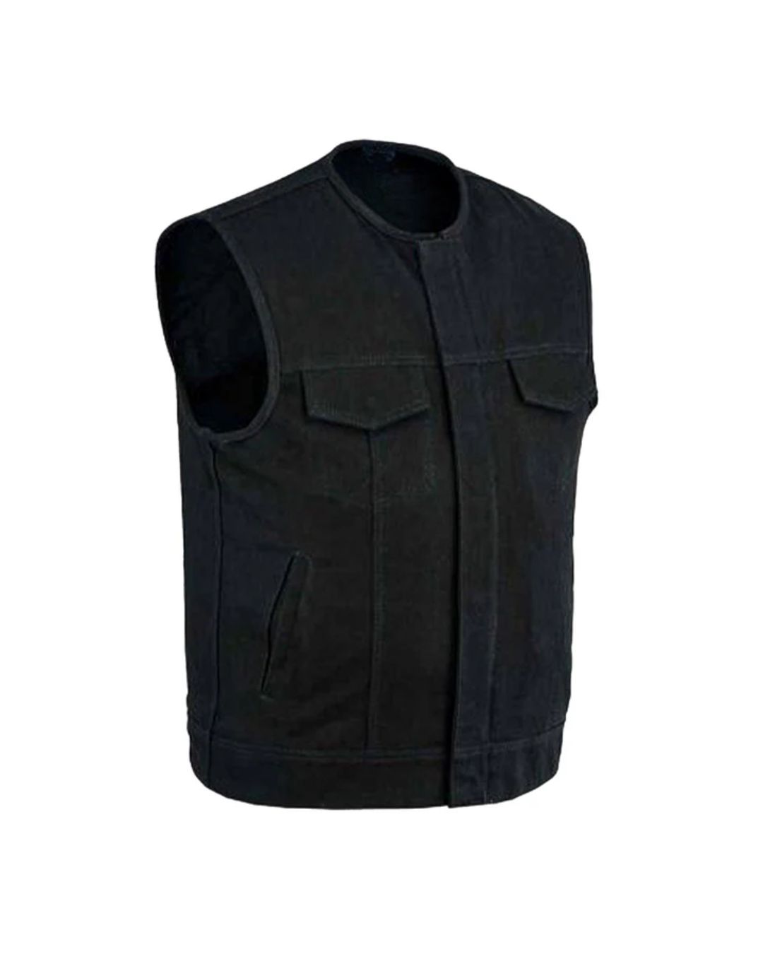 9 (1) Classic Black Collarless Denim Waistcoat - Image 1