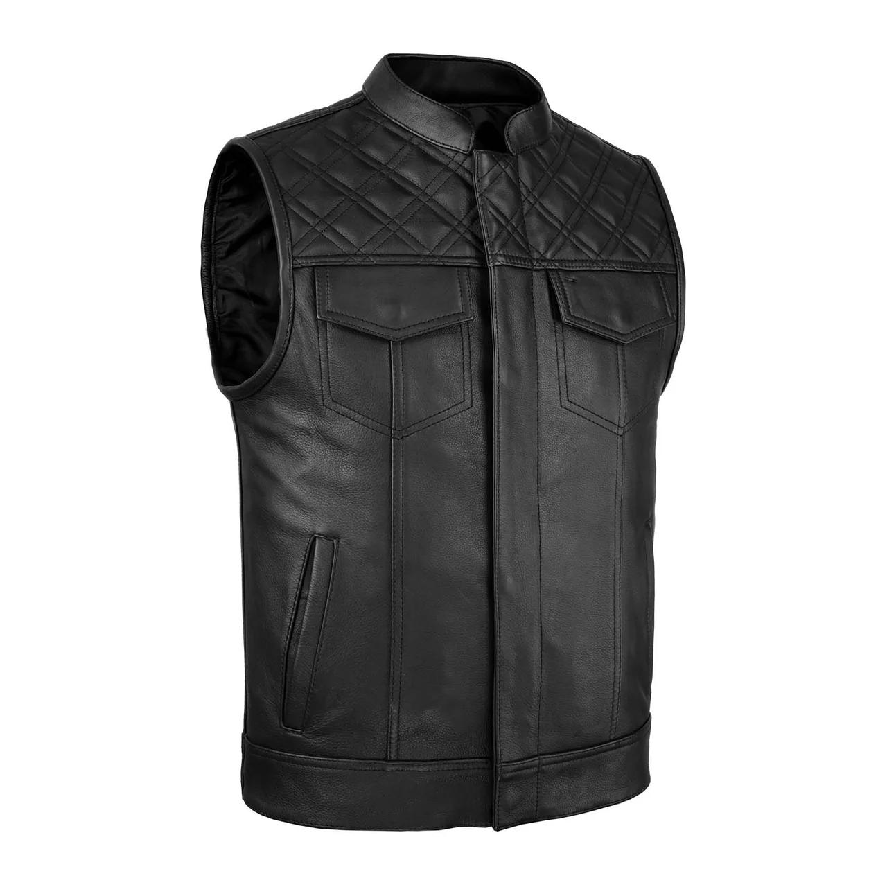 leatherick-groove-soa-leather-motorcycle-vest SOA Black Diamond Stitch Leather Vest - Image 1